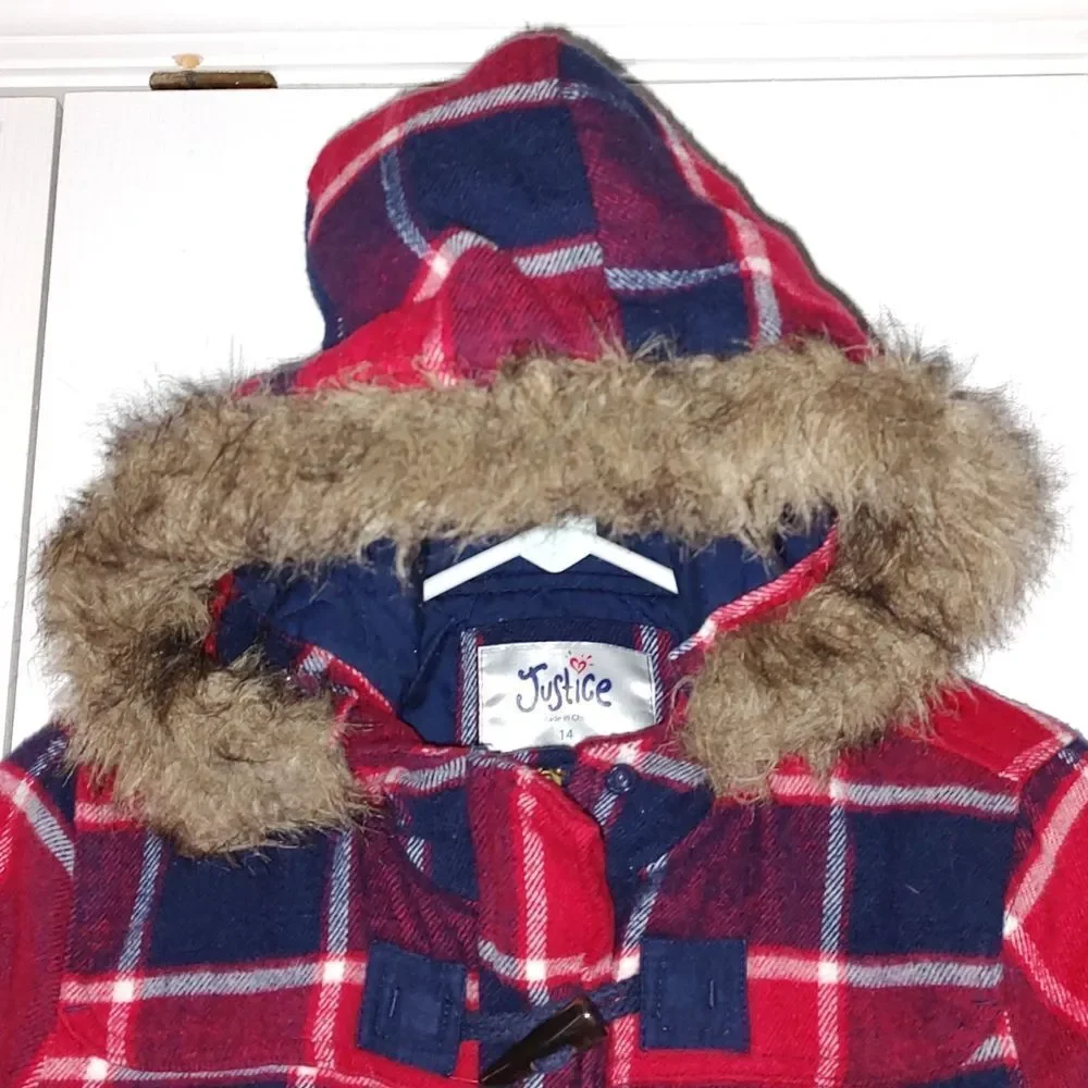 Justice red blue plaid hooded jacket  Sz 14